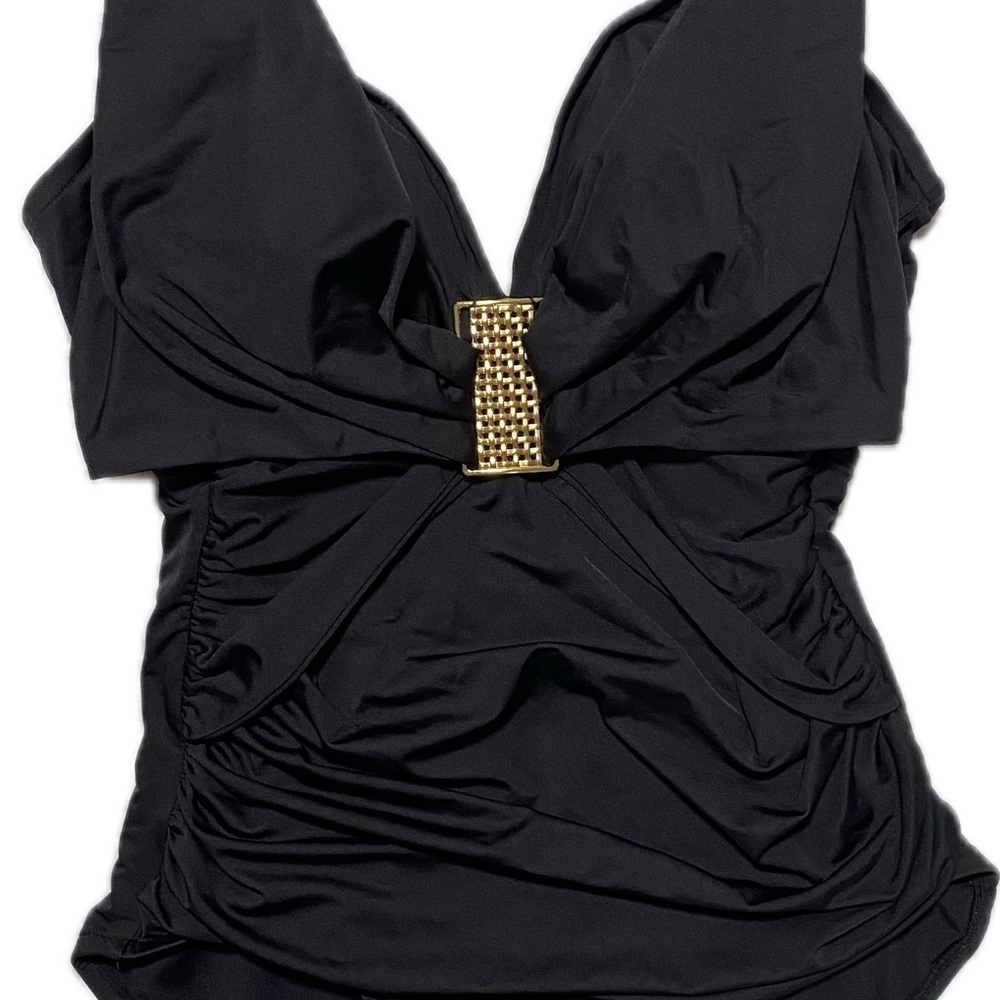 Black One-Piece Swimsuit with Gold Accent size 10